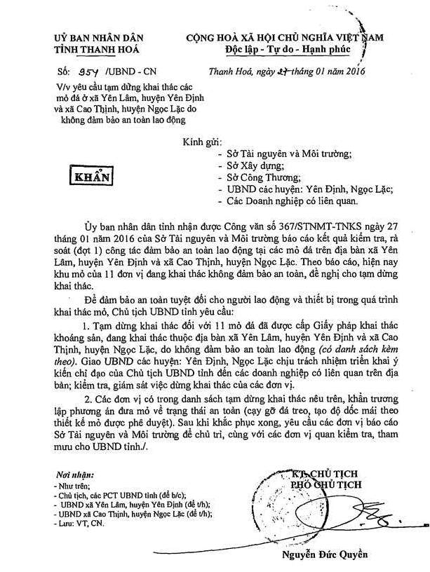 C&ocirc;ng văn khẩn số 954/UBND-CN đề nghị tạm dừng 11 mỏ khai th&aacute;c đ&aacute;