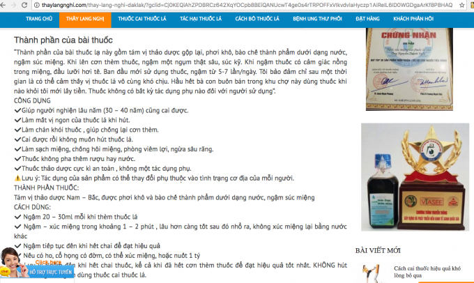 Nội dung quảng c&aacute;o về dung dịch Thanh Nghị tr&ecirc;n website.