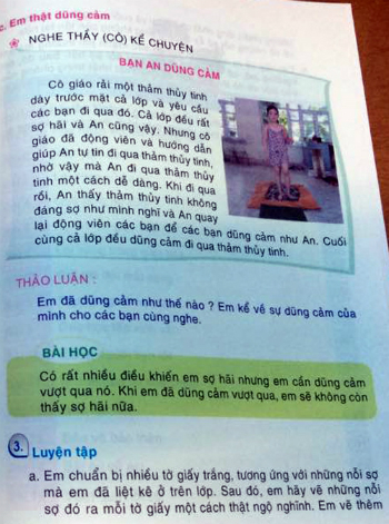 B&agrave;i học về l&ograve;ng dũng cảm trong cuốn s&aacute;ch dạy kỹ năng sống cho học sinh lớp 1.&nbsp;Ảnh: Lan Hạ.