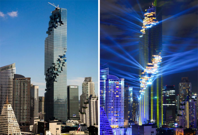 Th&aacute;p Mahanakhon tại Bangkok, Th&aacute;i Lan được kh&aacute;nh th&agrave;nh cuối th&aacute;ng 8/2016 v&agrave; l&agrave; t&ograve;a nh&agrave; cao nhất (314 m&eacute;t) tại đất nước Ch&ugrave;a V&agrave;ng. Tuy nhi&ecirc;n điều ấn tượng hơn cả ch&iacute;nh l&agrave; &yacute; tưởng thiết kế độc đ&aacute;o với c&aacute;c mặt tiền bị khuyết giống ngọn th&aacute;p Lego bị mất v&agrave;i vi&ecirc;n gạch.