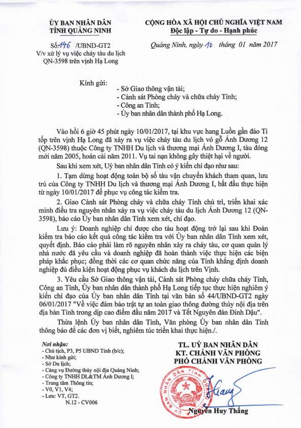 Văn bản chị đạo của UBND tỉnh Quảng Ninh.