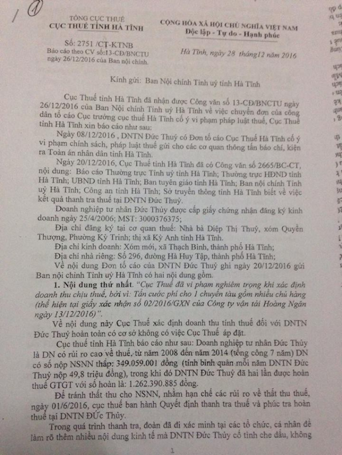 Văn bản giải tr&igrave;nh của Cục thuế H&agrave; Tĩnh gửi Ban nội ch&iacute;nh Tỉnh ủy li&ecirc;n quan đến vấn đề truy thu thuế của DN Đức Thủy..