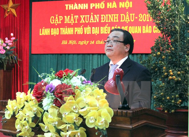 Uỷ vi&ecirc;n Bộ Ch&iacute;nh trị, B&iacute; thư Th&agrave;nh ủy H&agrave; Nội Ho&agrave;ng Trung Hải ph&aacute;t biểu tại buổi gặp mặt. (Ảnh: Nguyễn Văn Cảnh/TTXVN)