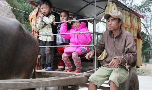 H&agrave;ng ng&agrave;y h&agrave;ng chục đứa trẻ được anh Ngọc đưa đến trường v&agrave; đưa về bằng xe tr&acirc;u.