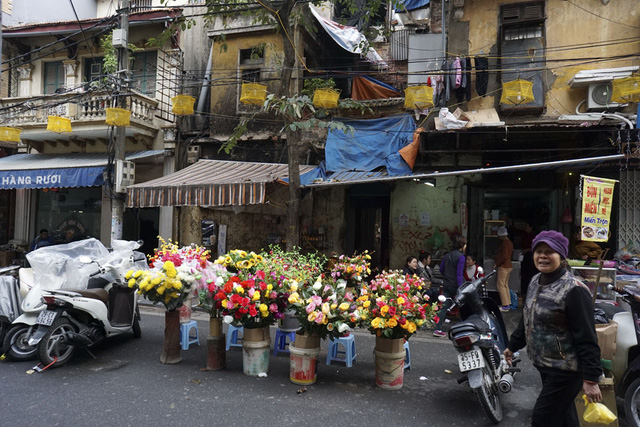 Kh&ocirc;ng gian chợ hoa phố cổ tại phố H&agrave;ng Rươi.