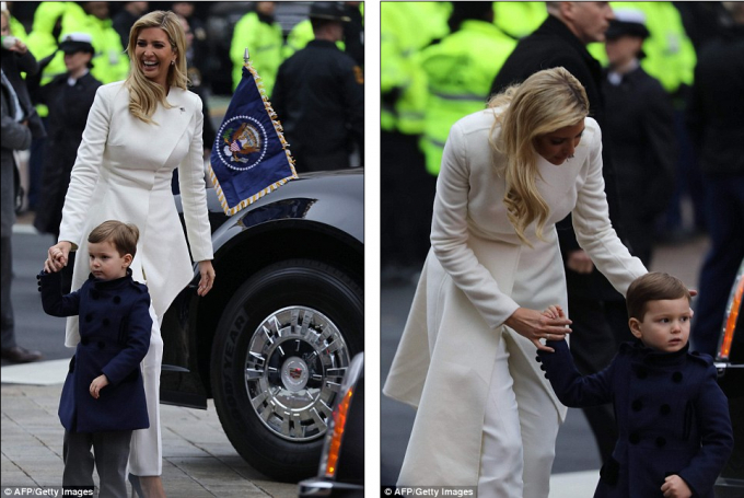 Ivanka Trump c&ugrave;ng con trai tươi cười tham gia đo&agrave;n diễu h&agrave;nh tới Nh&agrave; Trắng. (Ảnh: AFP)