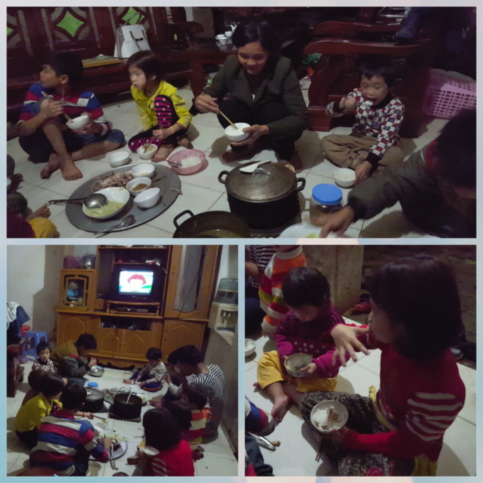 Chị Hải c&ugrave;ng c&aacute;c con qu&acirc;y quần b&ecirc;n m&acirc;m cơm tối. Ảnh: Huy Trung