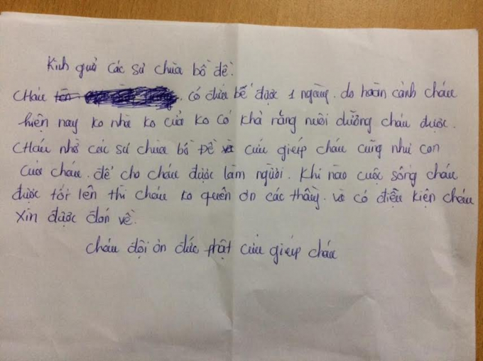 Bức t&acirc;m thư của người mang con đến nhờ nơi cửa Phật.&nbsp;