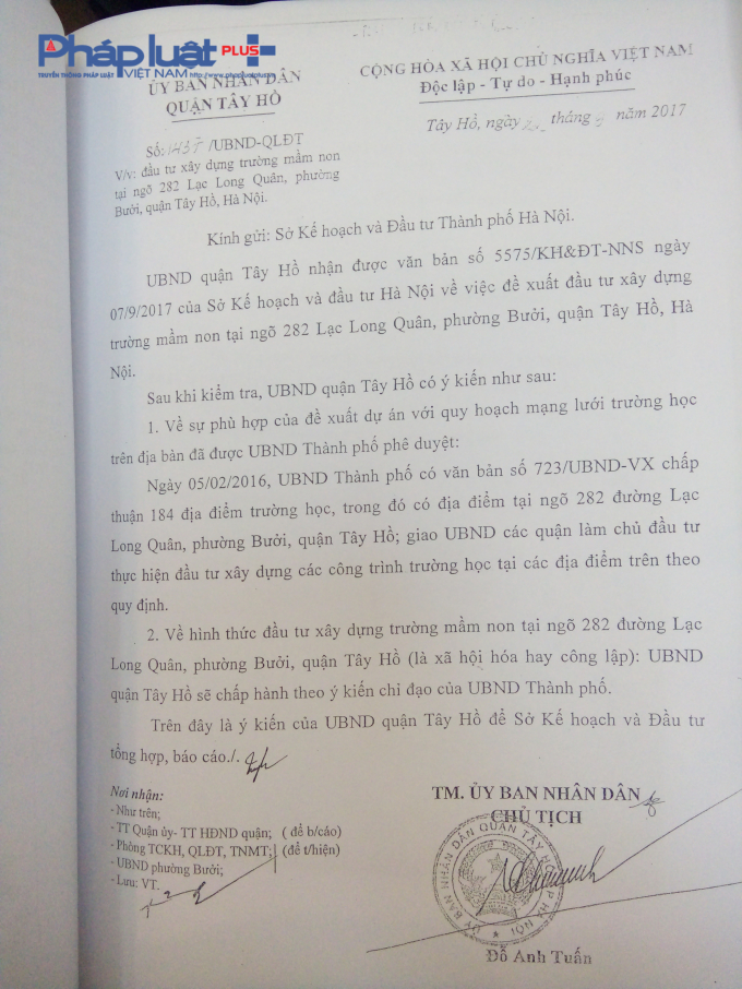 Văn bản của UBND quận T&acirc;y Hồ&nbsp;tham gia &yacute; kiến về việc đầu tư x&acirc;y dựng trường mầm non tại ng&otilde; 282 Lạc Long Qu&acirc;n, phường Bưởi, quận T&acirc;y Hồ.