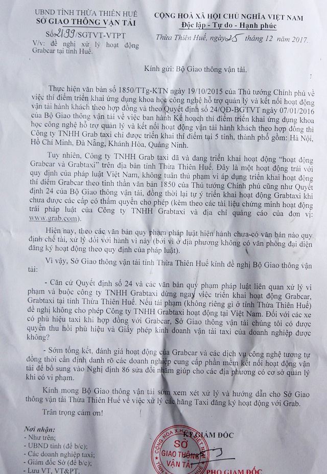 Văn bản gửi Bộ GTVT của Sở GTVT tỉnh Thừa Thi&ecirc;n Huế đề nghị xử l&yacute; hoạt động của Grab.