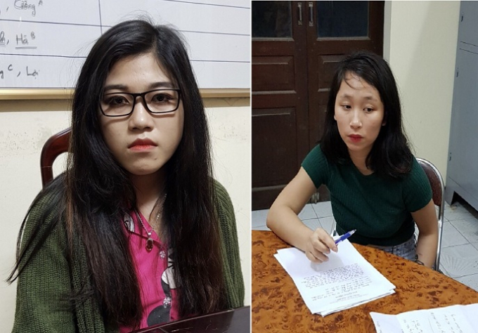 Nguyễn Thị Phương Thảo (b&igrave;a tr&aacute;i) v&agrave; Nguyễn Thị Thanh Hương (b&igrave;a phải) tại cơ quan c&ocirc;ng an.