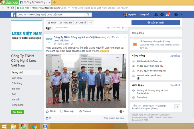 Ng&agrave;y 24/9/2017, tr&ecirc;n trang Fanpage c&oacute; t&ecirc;n C&ocirc;ng ty TNHH C&ocirc;ng nghệ Lens Việt Nam c&oacute; đăng ảnh Chủ tịch UBND tỉnh Bắc Giang tới thăm.
