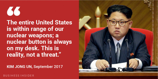 &ldquo;To&agrave;n bộ nước Mỹ nằm trong tầm tấn c&ocirc;ng của c&aacute;c vũ kh&iacute; hạt nh&acirc;n của ch&uacute;ng t&ocirc;i, một n&uacute;t bấm hạt nh&acirc;n lu&ocirc;n lu&ocirc;n nằm tr&ecirc;n b&agrave;n l&agrave;m việc của t&ocirc;i. Đ&acirc;y l&agrave; thực tế, kh&ocirc;ng phải l&agrave; một lời dọa nạt&rdquo;, &ocirc;ng Kim Jong-un nhấn mạnh trong b&agrave;i ph&aacute;t biểu nh&acirc;n dịp năm mới 2018.