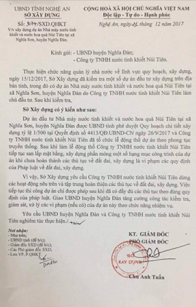 C&ocirc;ng văn Sở X&acirc;y dựng Nghệ An n&ecirc;u r&otilde;, dự &aacute;n vẫn chưa ho&agrave;n th&agrave;nh c&aacute;c thủ tục về đất đai, x&acirc;y dựng theo quy định của ph&aacute;p luật.