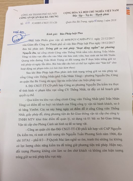 C&ocirc;ng an quận H&agrave;i B&agrave; Trưng gửi c&ocirc;ng văn đến đến T&ograve;a soạn Ph&aacute;p luật Plus về việc giải quyết việc tr&ocirc;ng giữ xe tr&aacute;i ph&eacute;p tại phường Nguyễn Du sau khi b&aacute;o n&ecirc;u.