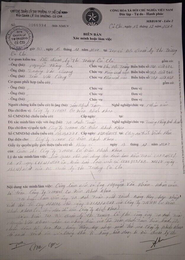 Đội QLTT Củ Chi l&agrave;m việc với C&ocirc;ng ty TNHH Cơ Điện Minh Khoa