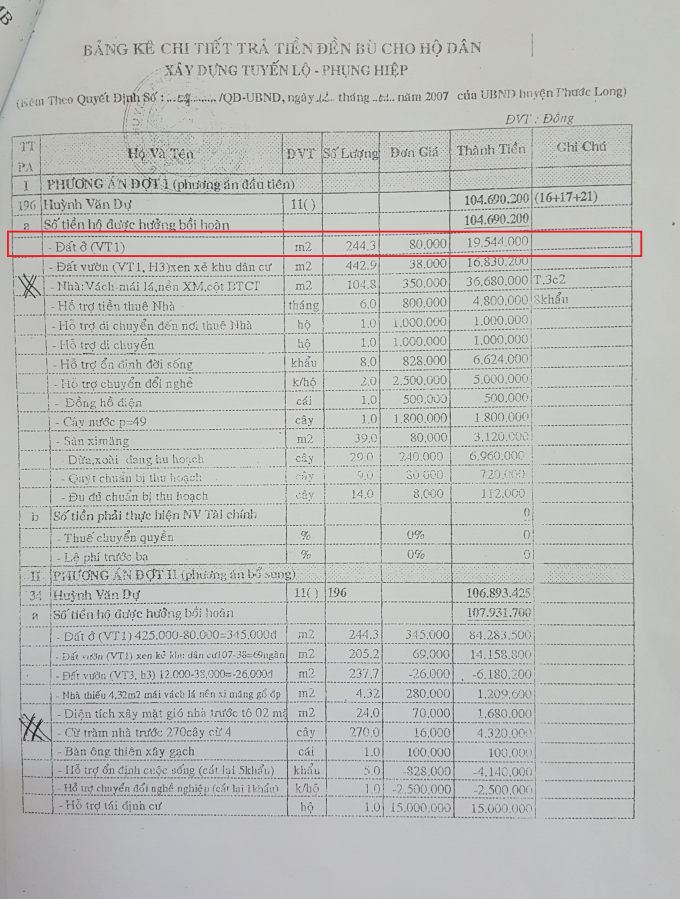 Phiếu chi trả tiền đền b&ugrave; thể hiện đất ở vị tr&iacute; 1 c&oacute; gi&aacute; 80.000đ/m2