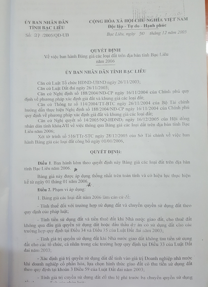Quyết định số 27 về việc ban h&agrave;nh Bảng gi&aacute; đất &aacute;p dụng năm 2006