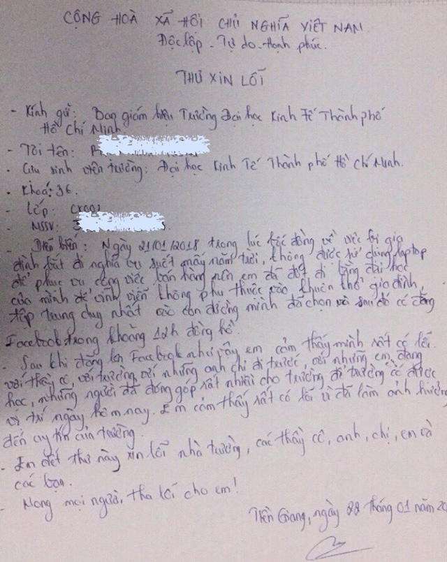 Thư xin lỗi của P.A.T gửi trường ĐH Kinh tế TPHCM.