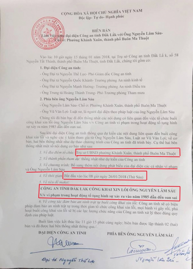 C&ocirc;ng an tỉnh Đắk Lắk sẽ tổ chức xin lỗi &ocirc;ng Nguyễn L&acirc;m S&aacute;u s&aacute;ng nay (25/1).