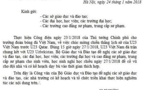 Xuất hiện công văn "giả" việc Bộ GD&ĐT cho học sinh nghỉ học chiều 27/1 xem U23 Việt Nam