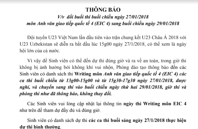 Th&ocirc;ng b&aacute;o của ph&ograve;ng Đ&agrave;o tạo trường ĐH Hoa Sen về việc dời lịch thi trong ng&agrave;y U23 Việt Nam đ&aacute; trận chung kết.