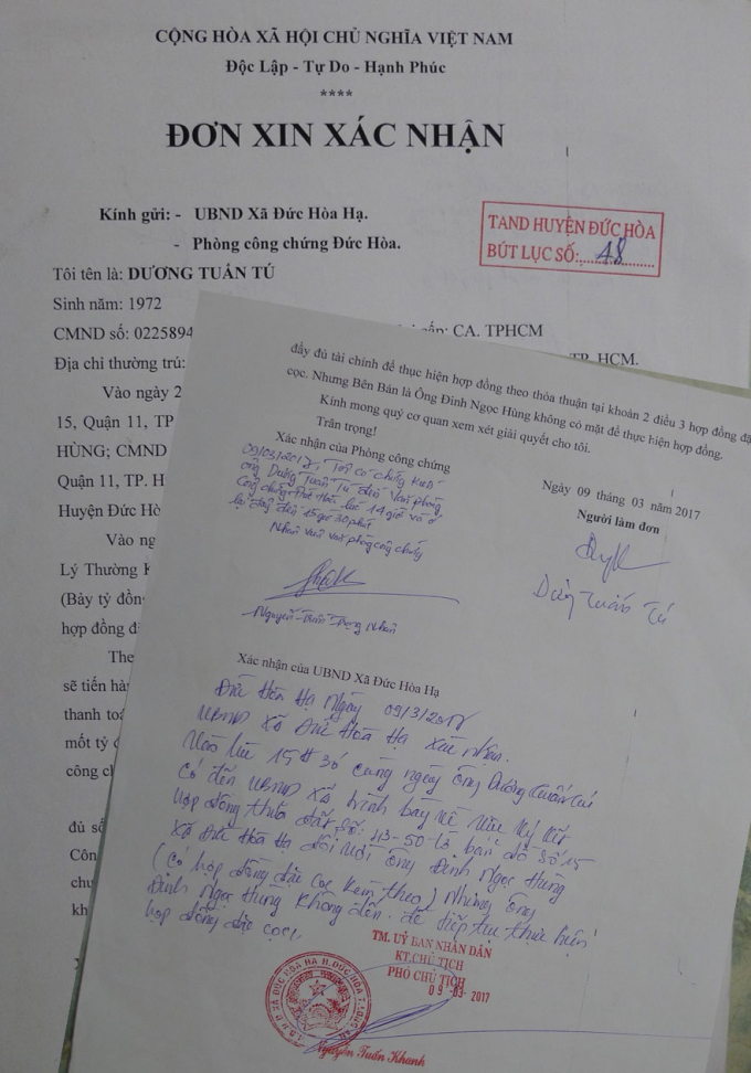 Tờ &ldquo;Đơn xin x&aacute;c nhận&rdquo; của &ocirc;ng T&uacute;.