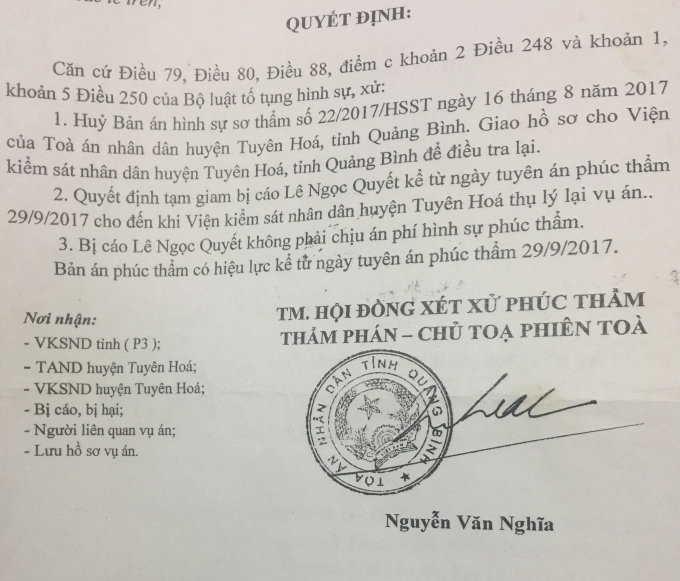 Bản &aacute;n 76/2017/HS &ndash; PT&nbsp;Quyết định hủy bản &aacute;n sơ thẩm số 22/2017/HSST ng&agrave;y 16/8/2017 của T&ograve;a &aacute;n nh&acirc;n d&acirc;n huyện Tuy&ecirc;n H&oacute;a, tỉnh Quảng B&igrave;nh.