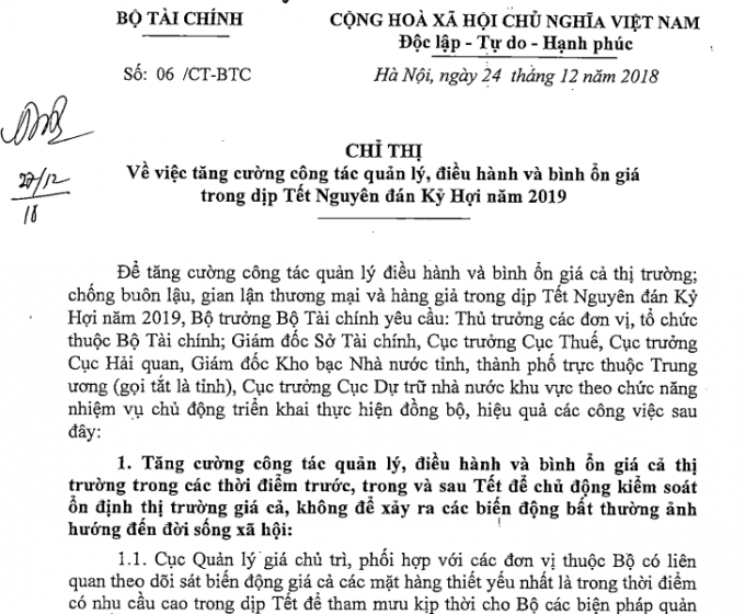 Chỉ thị số 06/CT-BTC về việc &ldquo;Tăng cường c&ocirc;ng t&aacute;c quản l&yacute;, điều h&agrave;nh v&agrave; b&igrave;nh ổn gi&aacute; trong dịp Tết Nguy&ecirc;n đ&aacute;n Kỷ Hợi năm 2019&rdquo;. (Ảnh: Chụp m&agrave;n h&igrave;nh)