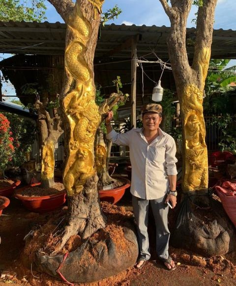 Anh Việt b&ecirc;n t&aacute;c phẩm d&aacute;t v&agrave;ng l&ecirc;n c&acirc;y đang sống của m&igrave;nh.