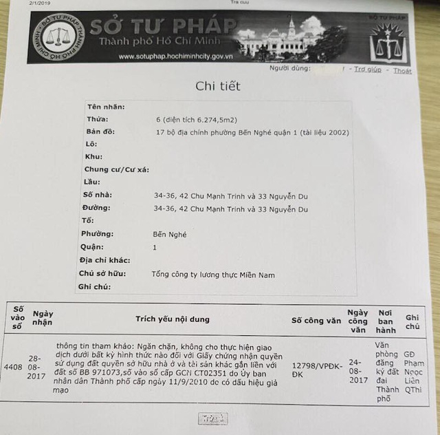 Theo Sở Tư ph&aacute;p TPHCM, khu đất đang trong t&igrave;nh trạng ngăn chặn, kh&ocirc;ng cho thực hiện giao dịch.