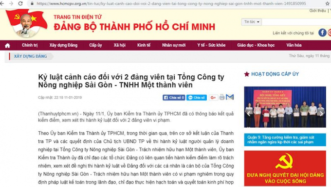 Kỷ luật Cảnh c&aacute;o Tổng Gi&aacute;m đốc SAGRI L&ecirc; T&acirc;n H&ugrave;ng