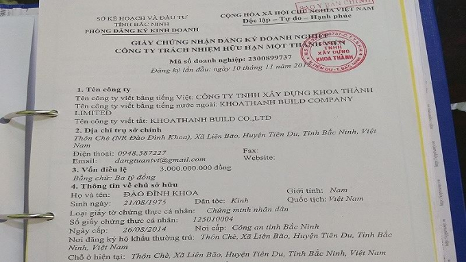 Đăng k&iacute; kinh doanh của c&ocirc;ng ty TNHH x&acirc;y dựng Khoa Th&agrave;nh mới được đăng k&iacute;, th&agrave;nh lập v&agrave;o ng&agrave;y 10/11/2015.