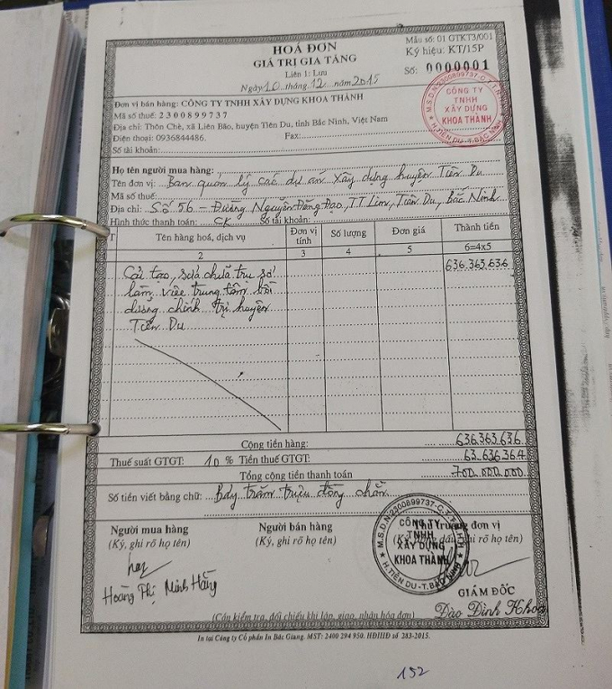 H&oacute;a đơn số 0000001 của c&ocirc;ng ty TNHH x&acirc;y dựng Khoa Th&agrave;nh xuất cho Ban quản l&yacute; c&aacute;c dự &aacute;n x&acirc;y dựng huyện Ti&ecirc;n Du.