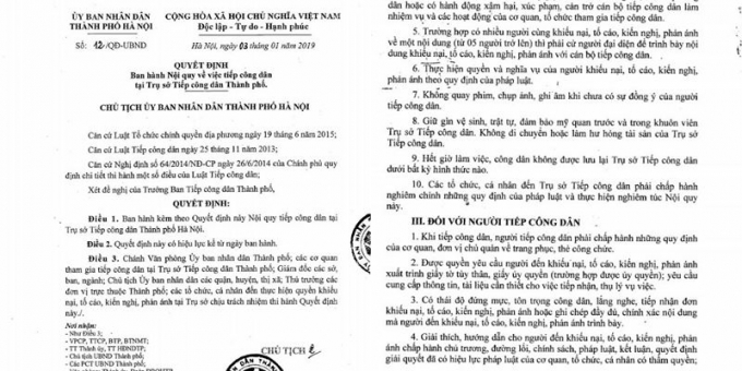 Văn bản của Ủy ban nh&acirc;n d&acirc;n th&agrave;nh phố H&agrave; Nội ghi r&otilde; việc
