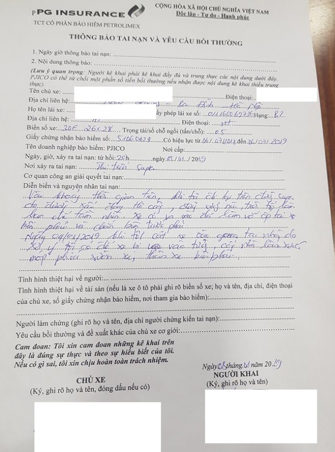 Th&ocirc;ng b&aacute;o tai nạn v&agrave; y&ecirc;u cầu bồi thường của chị N.T.H.