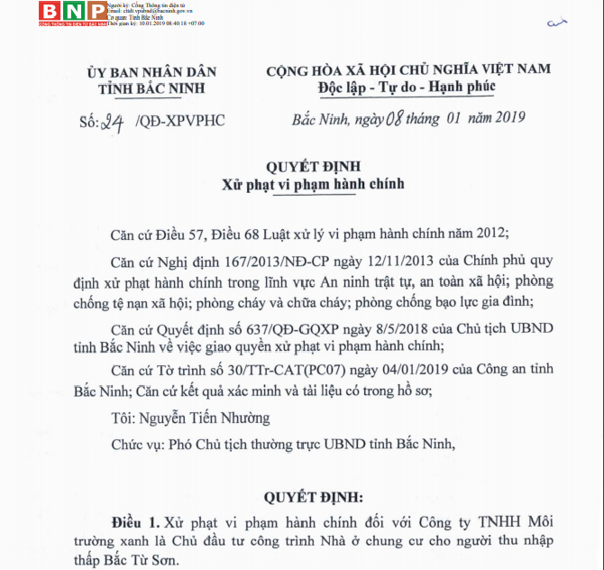 Quyết định xử phạt vi phạm h&agrave;nh ch&iacute;nh đối với C&ocirc;ng ty TNHH M&ocirc;i trường xanh.