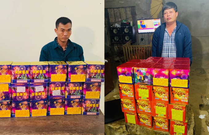 Đối tượng B&ugrave;i Đ&igrave;nh Trung (tr&aacute;i) v&agrave; L&ecirc; Minh To&agrave;n c&ugrave;ng số ph&aacute;o thu giữ.