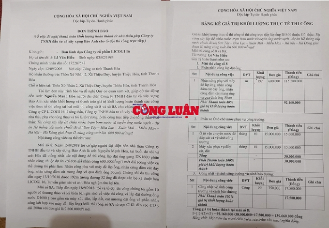 Đơn thư v&agrave; bảng t&iacute;nh khối lượng &ocirc;ng Hiếu gửi cho Tổng thầu l&agrave; C&ocirc;ng ty Cổ phần Licogi16.