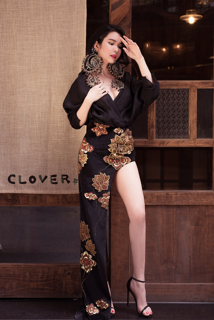 Hoa hậu Huỳnh Vy mang v&aacute;y &Aacute; đ&ocirc;ng đ&oacute;n Tết rực rỡ