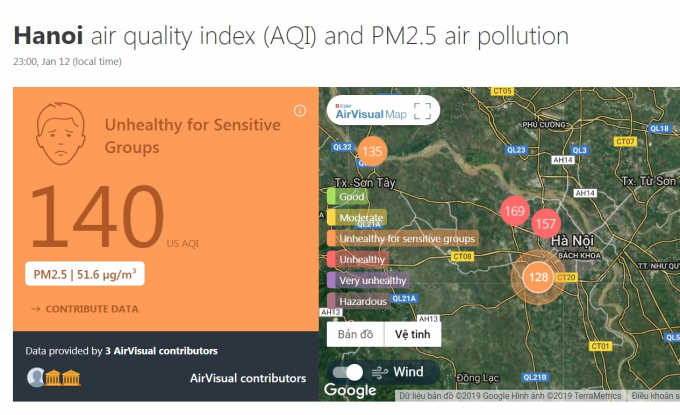 Chỉ số AQI đo được tại H&agrave; Nội v&agrave;o 11 giờ tối ng&agrave;y 12/1/2019. Nguồn: AirVisual.com