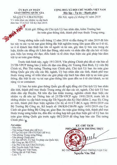 Văn bản chỉ đạo tăng cường c&aacute;c biện ph&aacute;p đảm bảo TTATGT dịp Tết Kỷ Hợi 2019