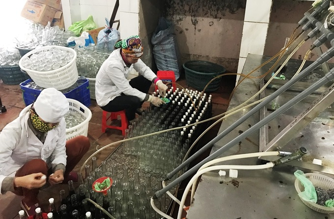 C&aacute;c ống nhựa d&ugrave;ng để dẫn nước mắm từ b&igrave;nh lớn đặt tr&ecirc;n cao chảy xuống dưới.  Theo &ocirc;ng Y&ecirc;m, nước mắm s&aacute; s&ugrave;ng c&oacute; vị ngọt hơn v&agrave; gi&aacute; th&agrave;nh cao hơn mắm c&aacute;. Mỗi năm cơ sở ti&ecirc;u thu được khoảng 20.000 l&iacute;t nước mắm s&aacute; s&ugrave;ng, c&ograve;n nước mắm c&aacute; khoảng hơn 100.000 l&iacute;t.