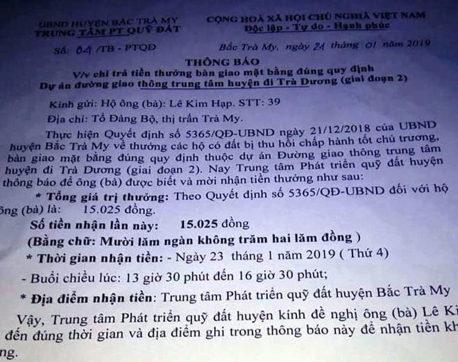 Th&ocirc;ng b&aacute;o thưởng 15.025 đồng ch&ocirc; hộ &ocirc;ng Hạp.