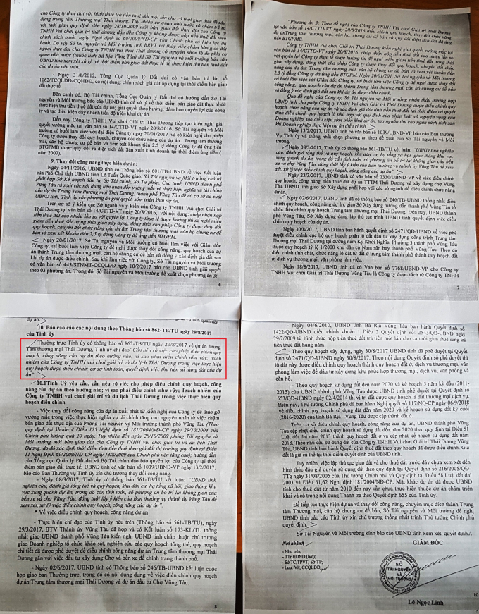 B&aacute;o c&aacute;o của Sở TN-MT tỉnh BR-VT&nbsp;về xử l&yacute; tồn tại li&ecirc;n quan việc cho thu&ecirc; đất tại dự &aacute;n Trung t&acirc;m thương mại Th&aacute;i Dương (phường 3, TP Vũng T&agrave;u) gửi UBND tỉnh BR-VT. Trong đ&oacute; cho biết Thường trực Tỉnh ủy chỉ đạo cần n&ecirc;u r&otilde; việc cho ph&eacute;p điều chỉnh quy hoạch, c&ocirc;ng năng của dự &aacute;n theo hướng n&agrave;o; v&igrave; sao phải điều chỉnh như vậy; tr&aacute;ch nhiệm của C&ocirc;ng ty TNHH Vui chơi giải tr&iacute; v&agrave; Du lịch Th&aacute;i Dương trong việc thực hiện quy hoạch được điều chỉnh; cở sở t&iacute;nh to&aacute;n, quyết định việc thu tiền sử dụng đất của dự &aacute;n&rdquo;.
