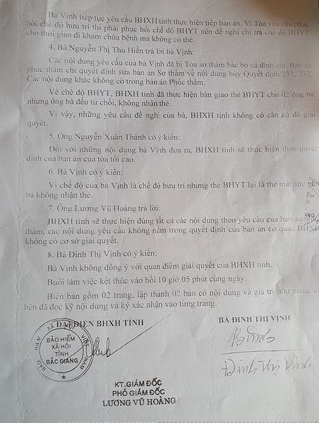 Bà Đinh Thị Vịnh tiếp tục yêu cầu BHXH tỉnh Bắc Giang chi trả chế độ BHYT cho thời gian đi khám chữa bệnh không có thẻ.