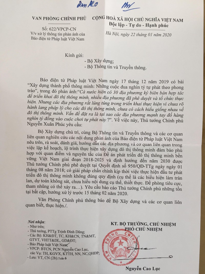 Thủ tướng yêu cầu các Bộ, ngành nghiên cứu, xử lý thông tin Báo PLVN phản ánh về Thành phố thông minh