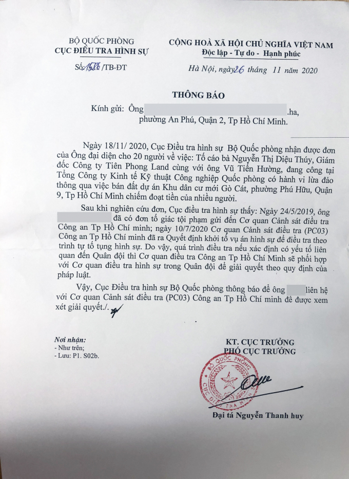 văn bản của Phó Cục trưởng Cục điều tra Bộ Quốc phòng trả lời khiếu nại khách hàng