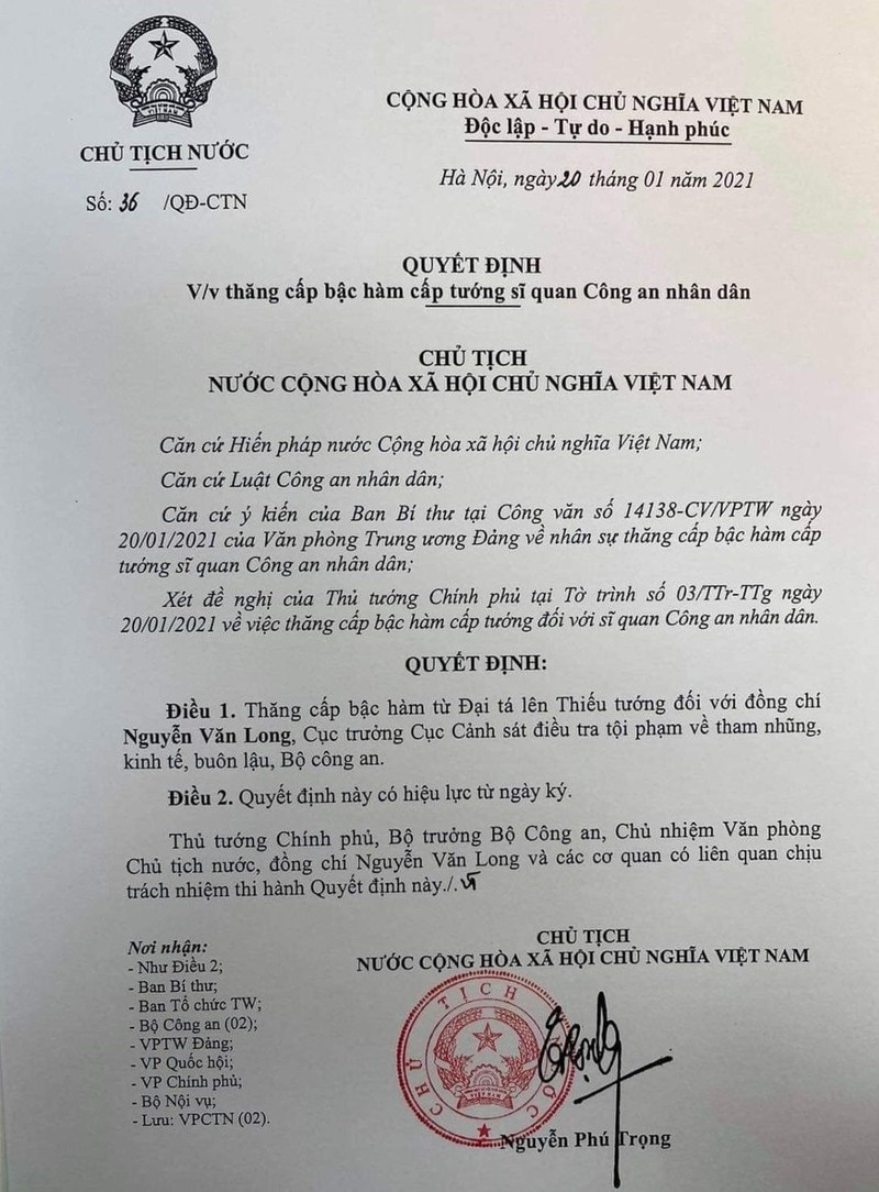 Quyết định thăng cấp bậc hàm cấp tướng sĩ quan Công an nhân dân