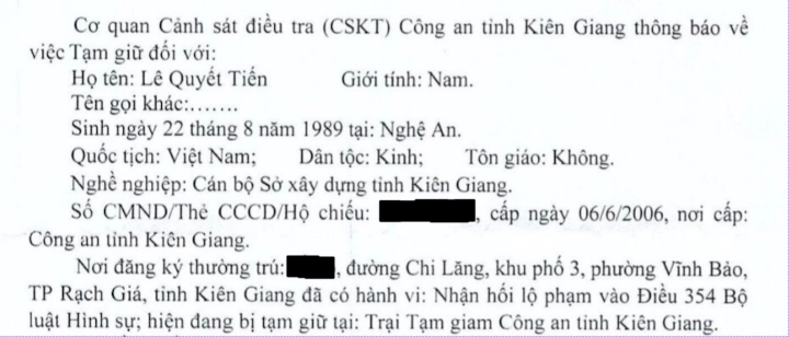 Công an thông báo về việc tạm giữ ông Tiến.